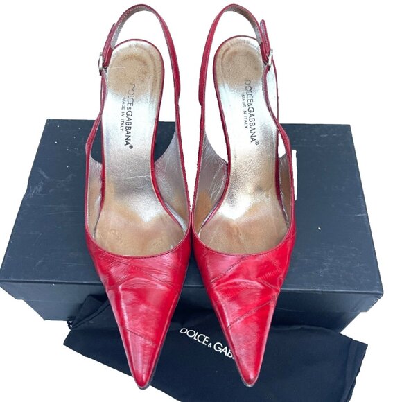 Auc Dolce & Gabbana Eel Skin Red Pointed Toe Slingback Heels IT 37,5 US 7,5 - Picture 12 of 13